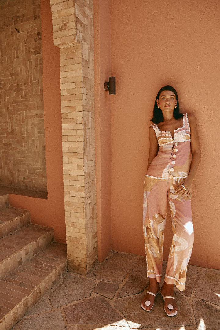 Vintém d'Ouro - Calça de verão de cintura alta com estampa artística