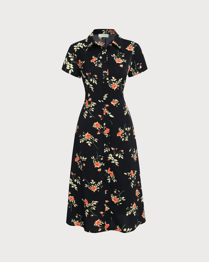Vintém d'Ouro - Vestido Midi Preto Floral
