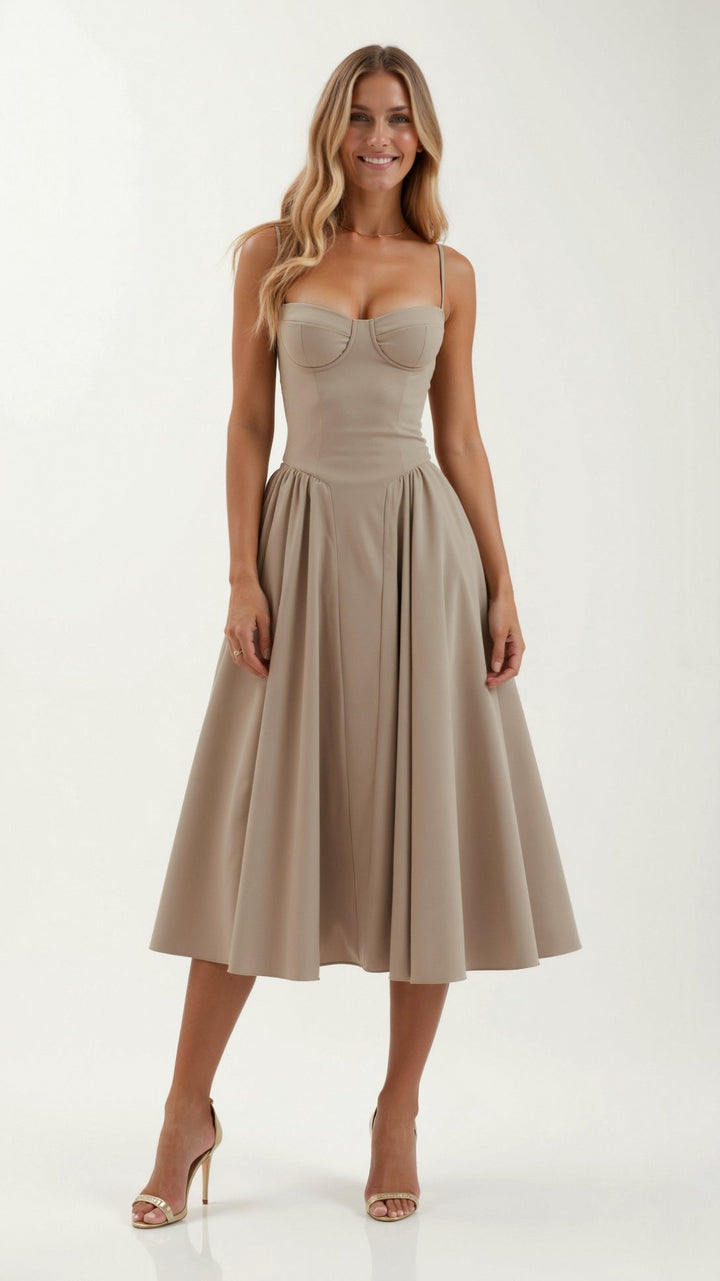 Vintém d'Ouro - Vestido midi com corpete estruturado