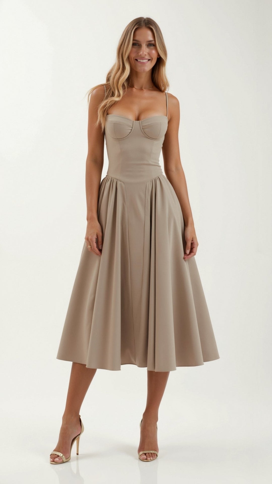 Vintém d'Ouro - Vestido midi com corpete estruturado