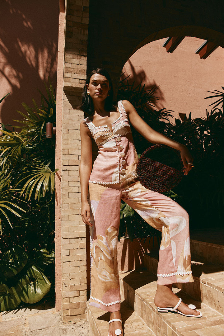 Vintém d'Ouro - Calça de verão de cintura alta com estampa artística