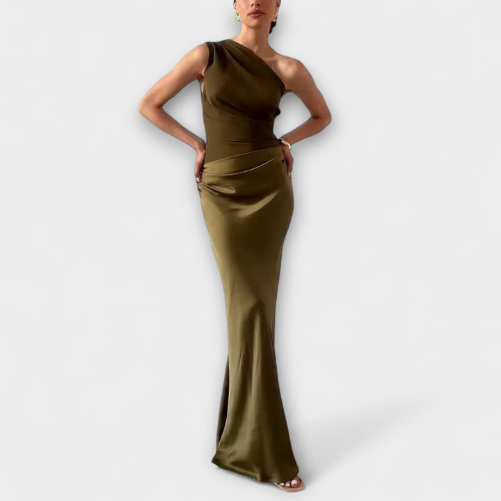 Vintém d'Ouro - Vestido de cetim assimétrico