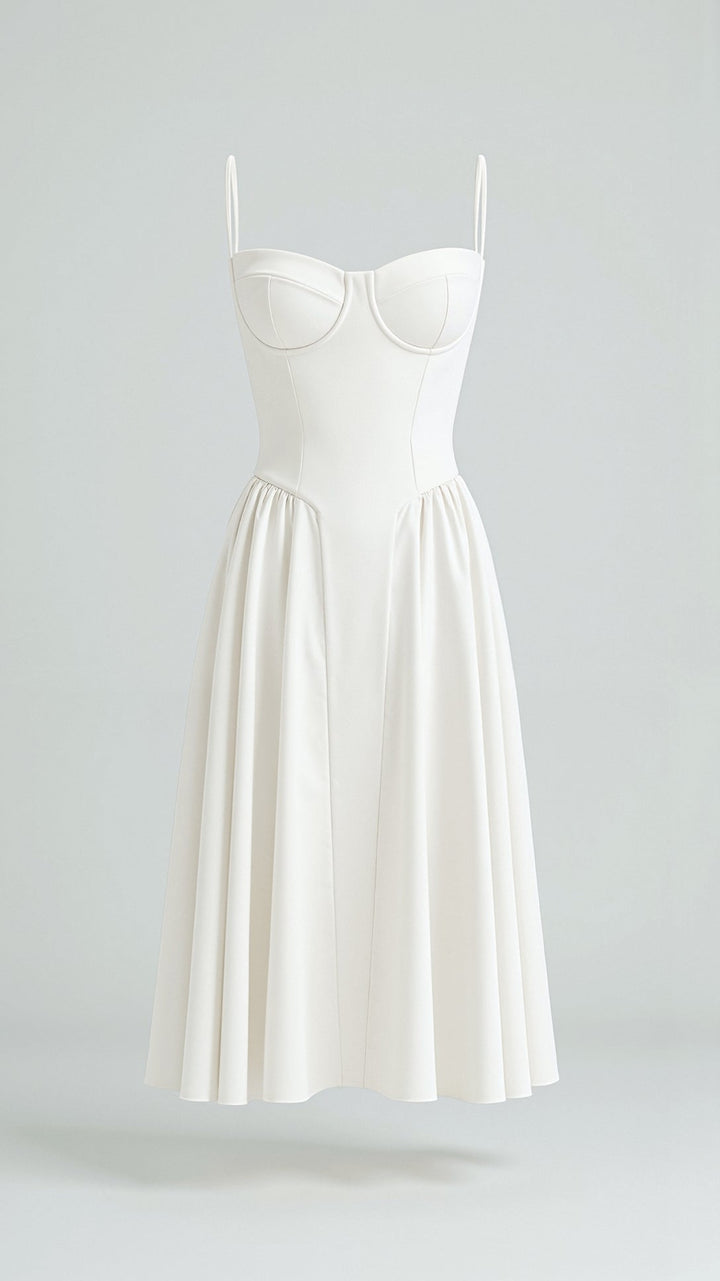 Vintém d'Ouro - Vestido midi com corpete estruturado