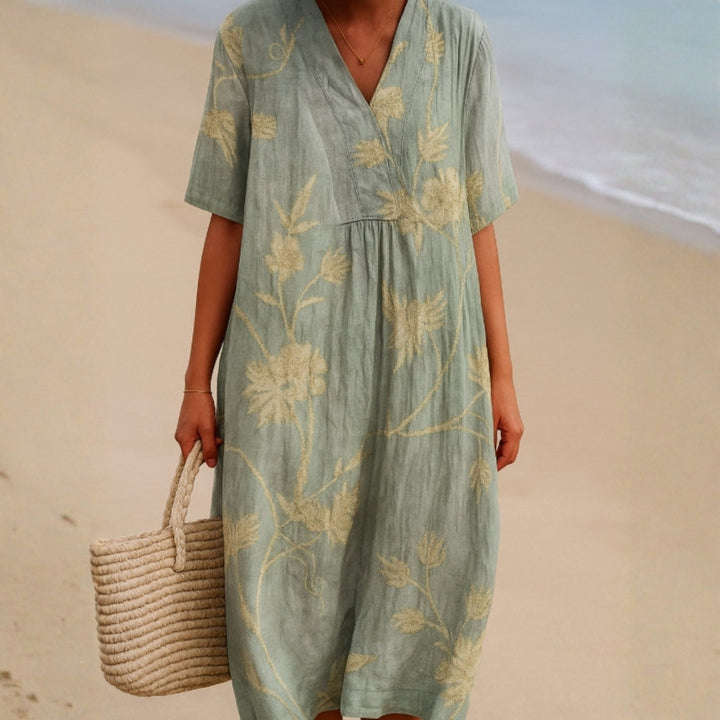 Vintém d'Ouro - Vestido Azul-Cinza com Bordado Floral