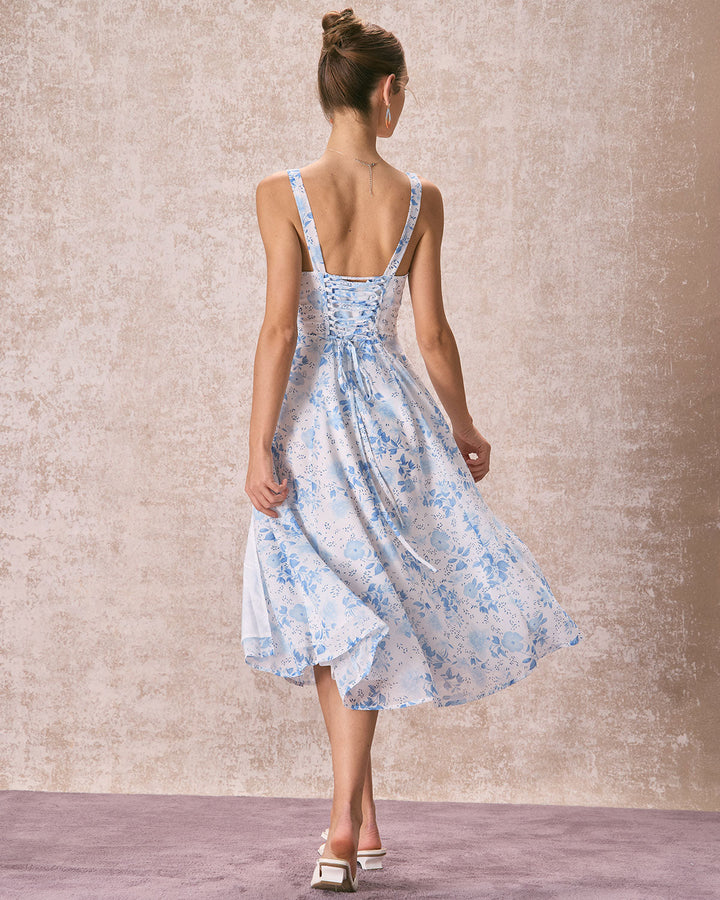 Vintém d'Ouro - Vestido Midi Azul Floral