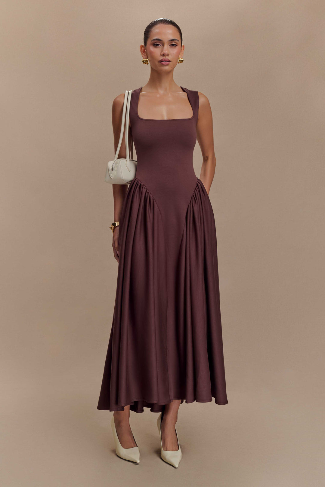 Vintém d'Ouro - Vestido midi em malha castanho