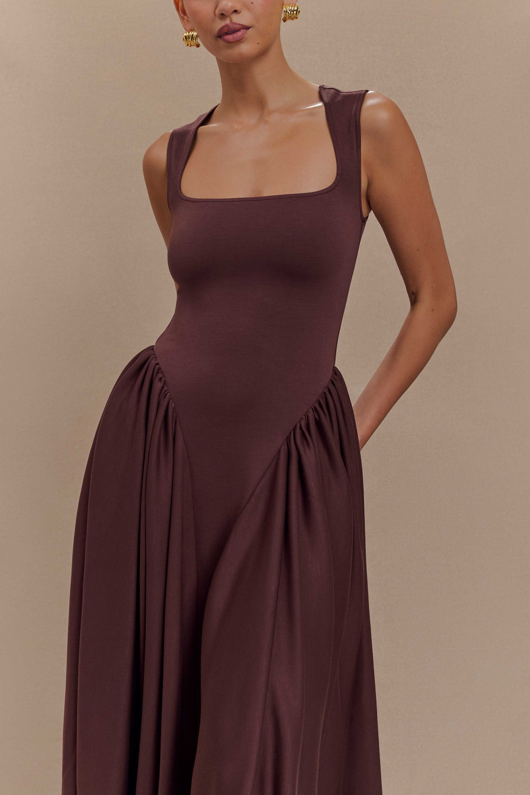 Vintém d'Ouro - Vestido midi em malha castanho