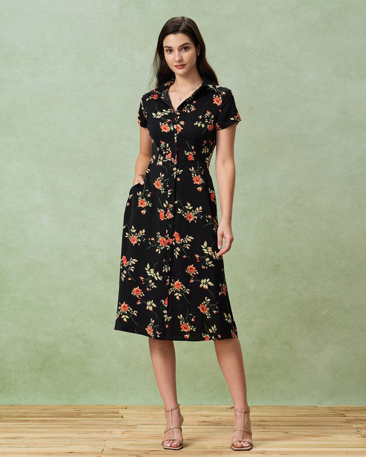 Vintém d'Ouro - Vestido Midi Preto Floral