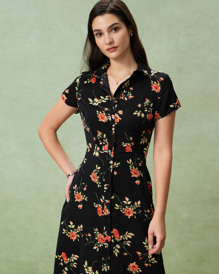 Vintém d'Ouro - Vestido Midi Preto Floral