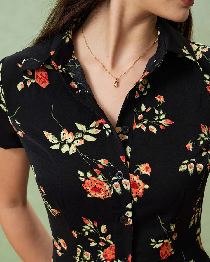 Vintém d'Ouro - Vestido Midi Preto Floral