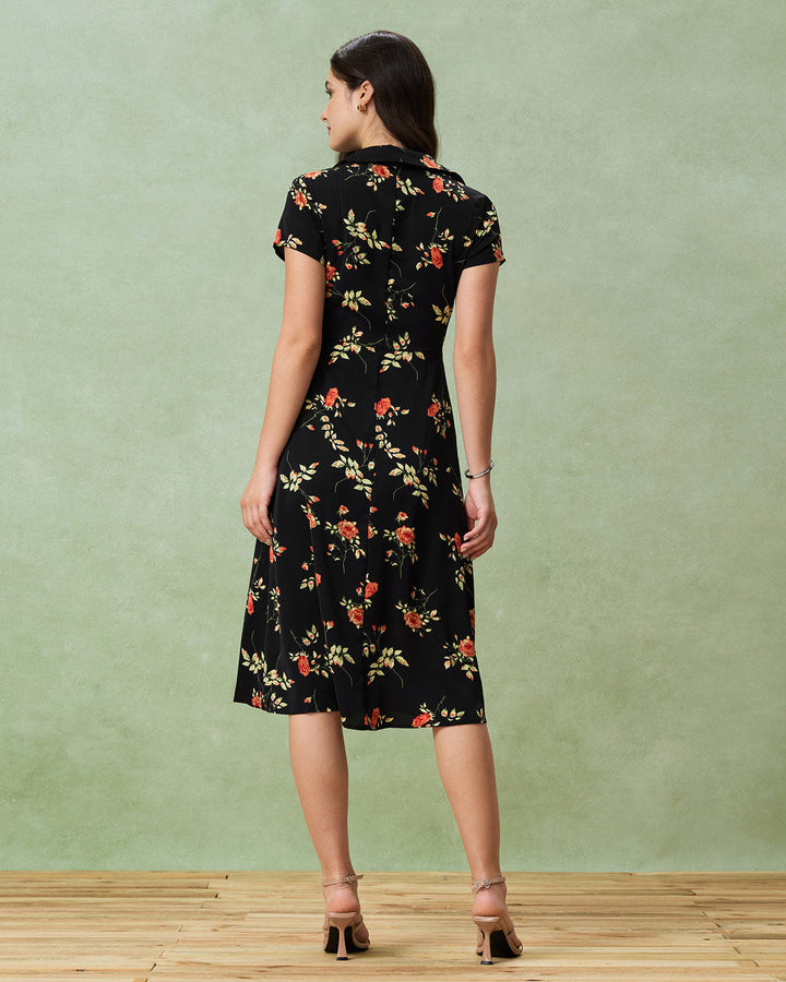 Vintém d'Ouro - Vestido Midi Preto Floral