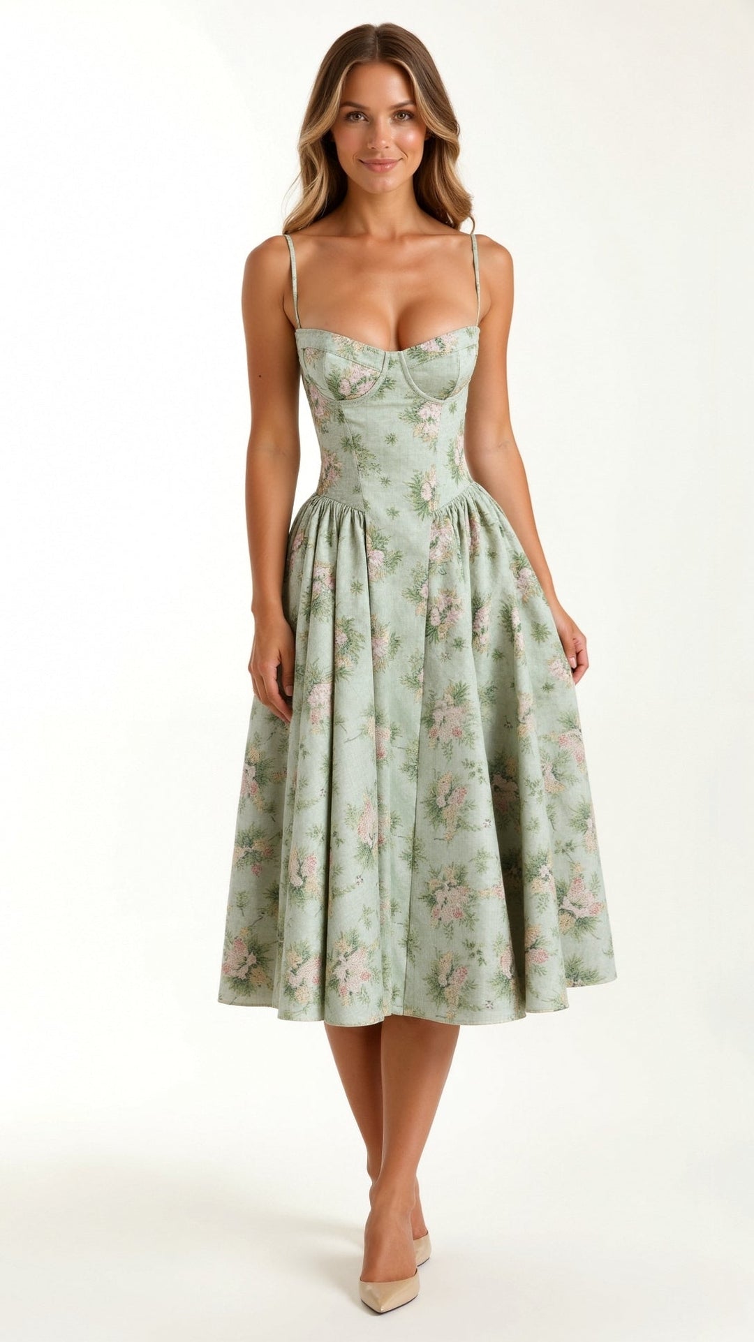 Vintém d'Ouro - Vestido midi com corpete estruturado