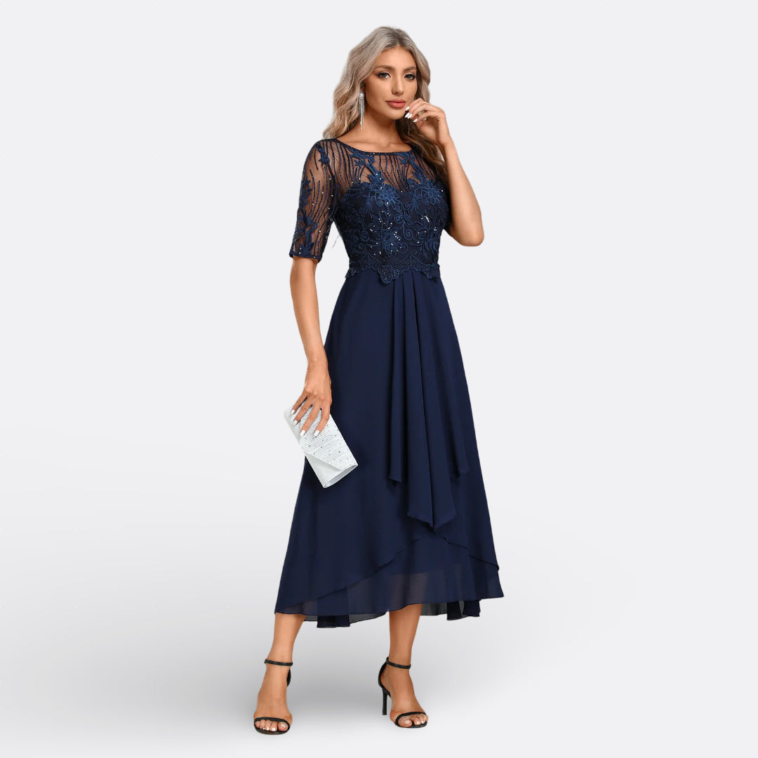 Vintém d'Ouro - Vestido Azul-Marinho com Renda e Manga Curta