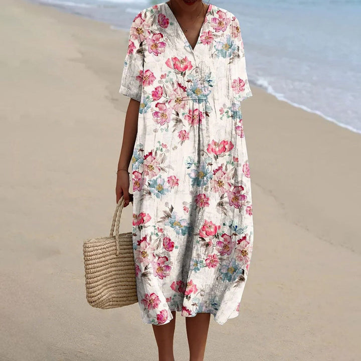 Vintém d'Ouro - Vestido Floral Vintage Estilo Linho