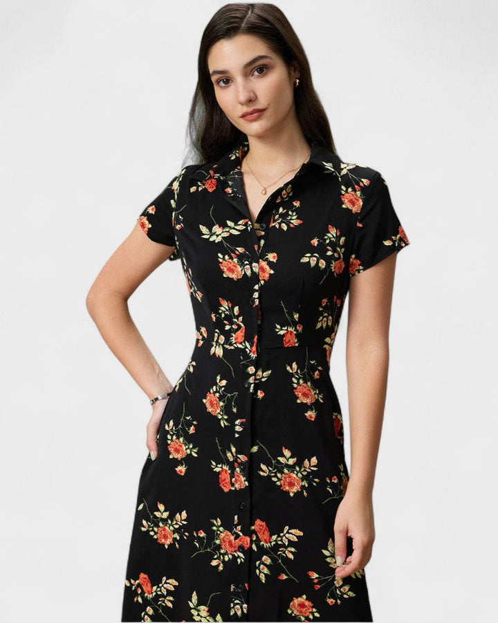 Vintém d'Ouro - Vestido Midi Preto Floral