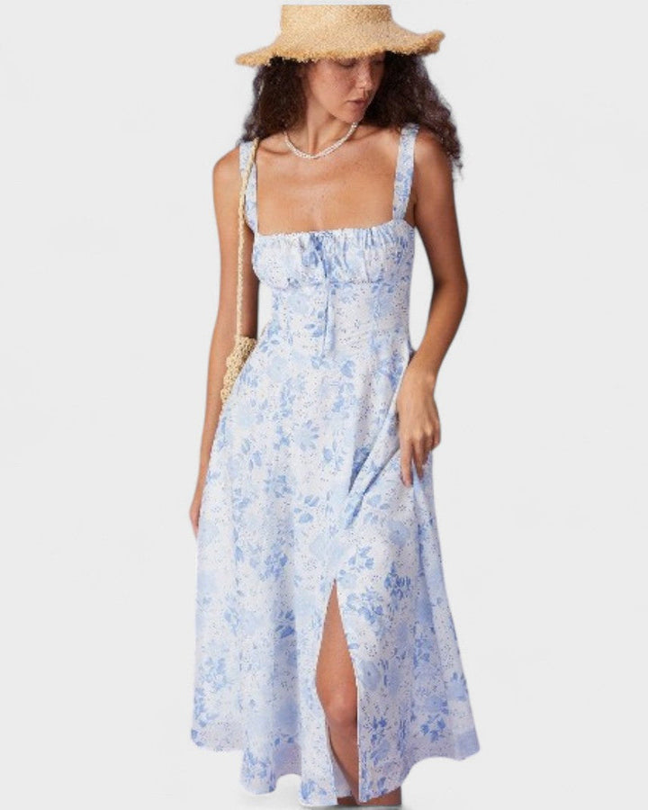 Vintém d'Ouro - Vestido Midi Azul Floral