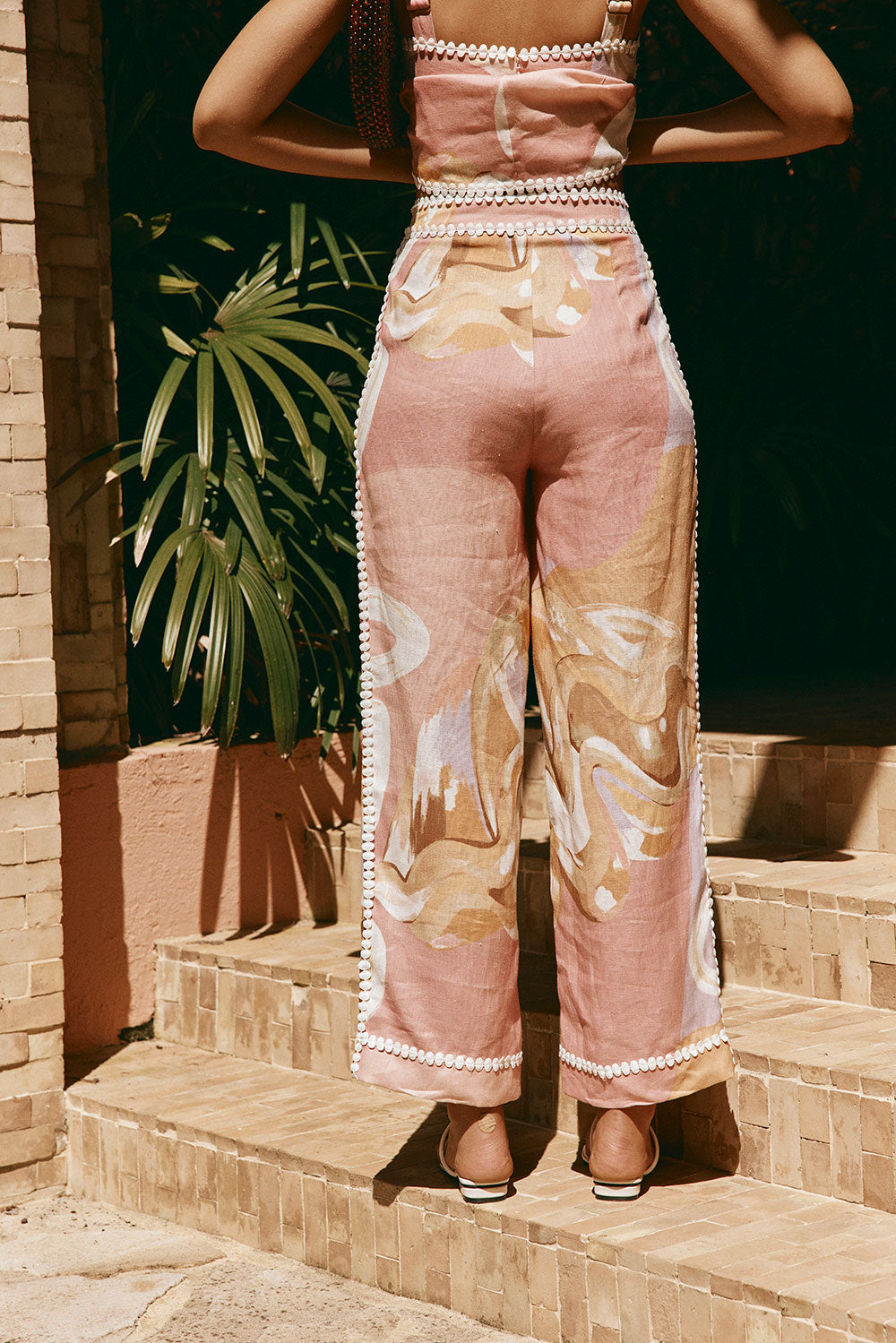 Vintém d'Ouro - Calça de verão de cintura alta com estampa artística
