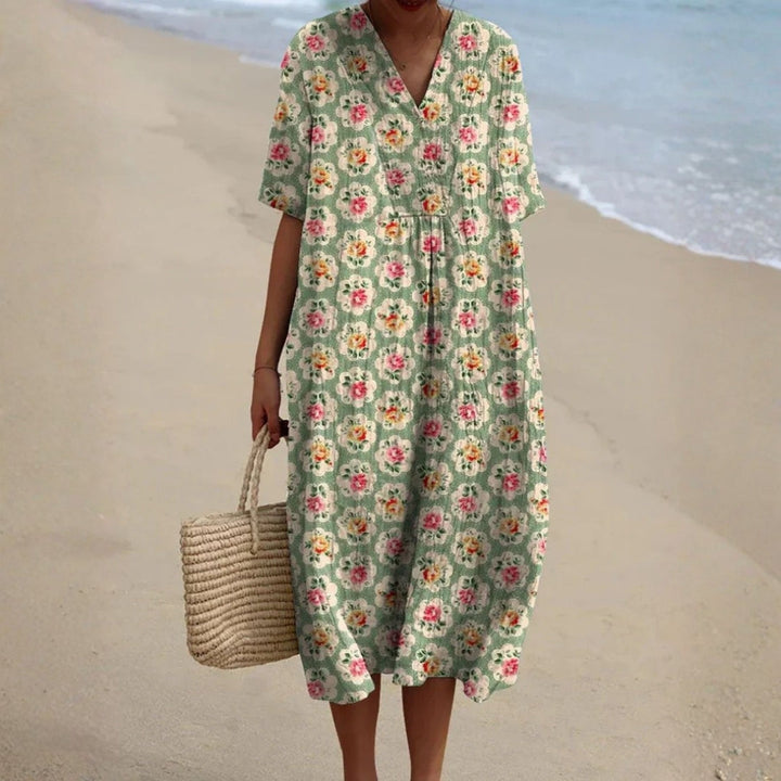 Vintém d'Ouro - Vestido Floral Retrô em Verde Água