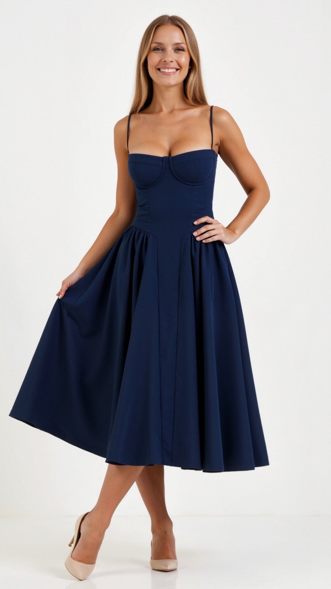 Vintém d'Ouro - Vestido midi com corpete estruturado