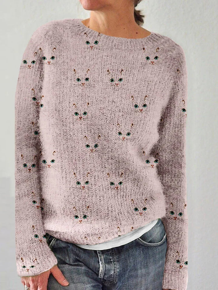 Vintém d'Ouro - Camisola aconchegante com gola redonda e estampa de gato