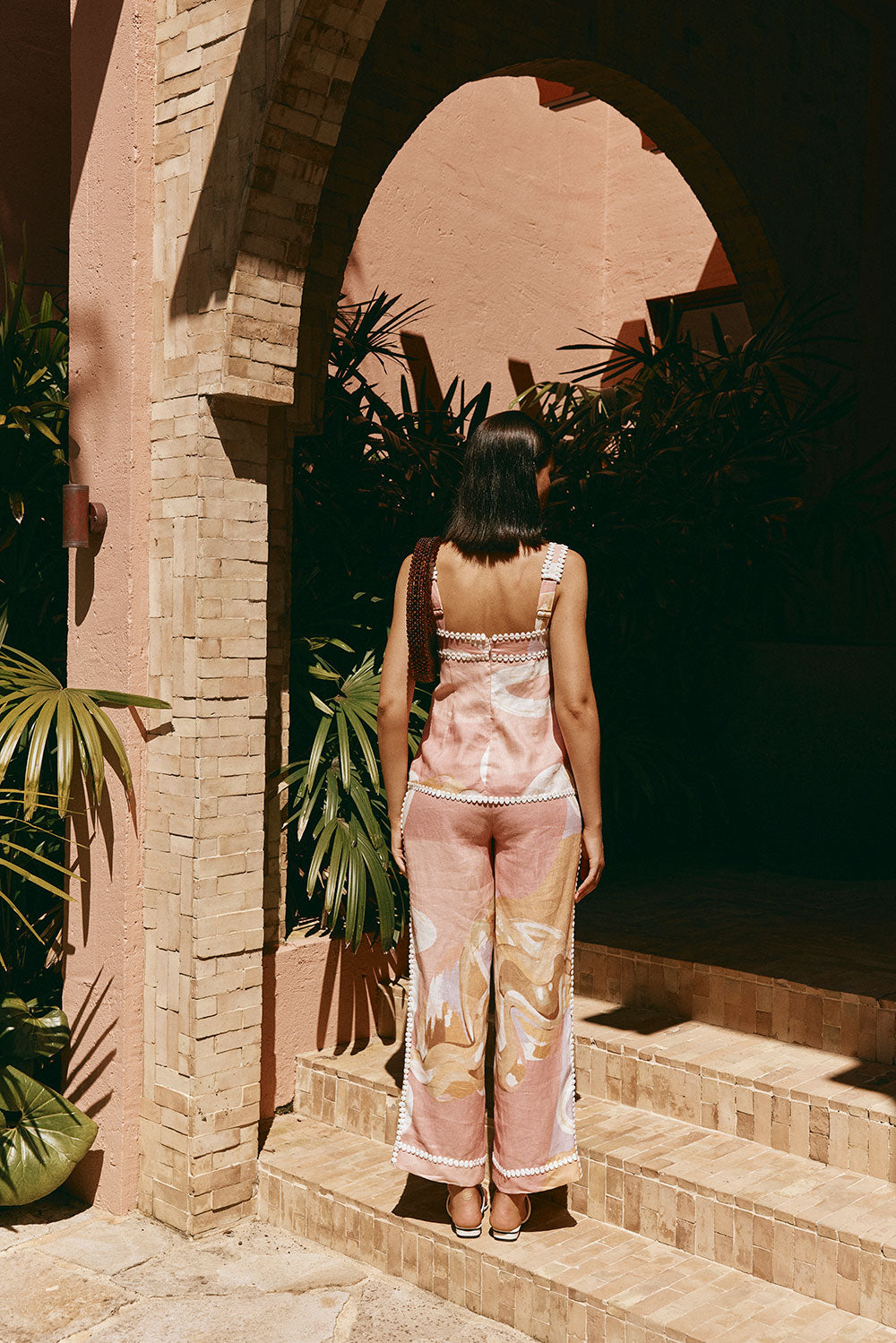 Vintém d'Ouro - Calça de verão de cintura alta com estampa artística