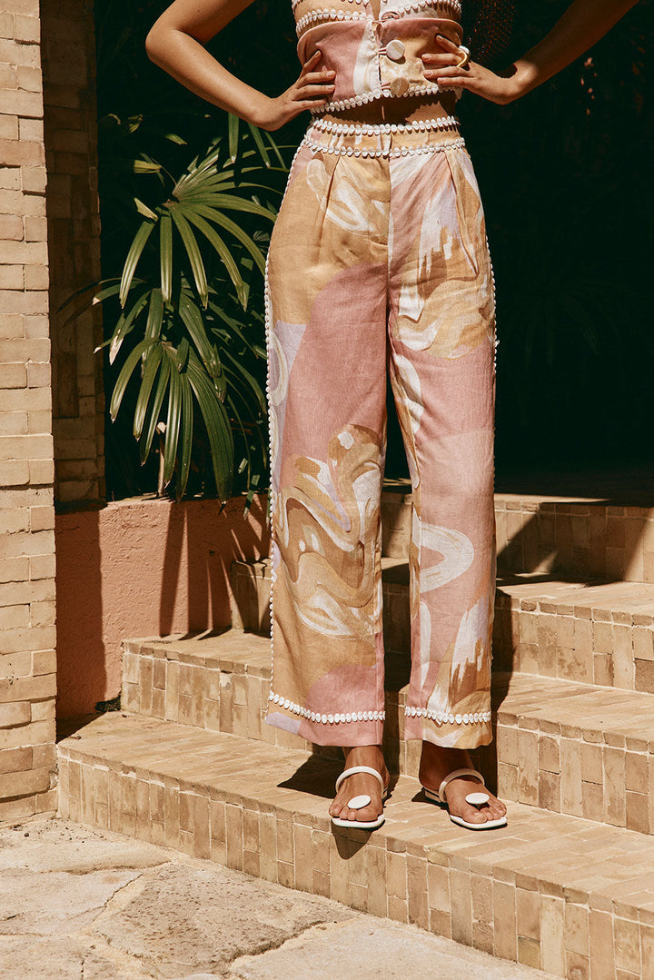 Vintém d'Ouro - Calça de verão de cintura alta com estampa artística
