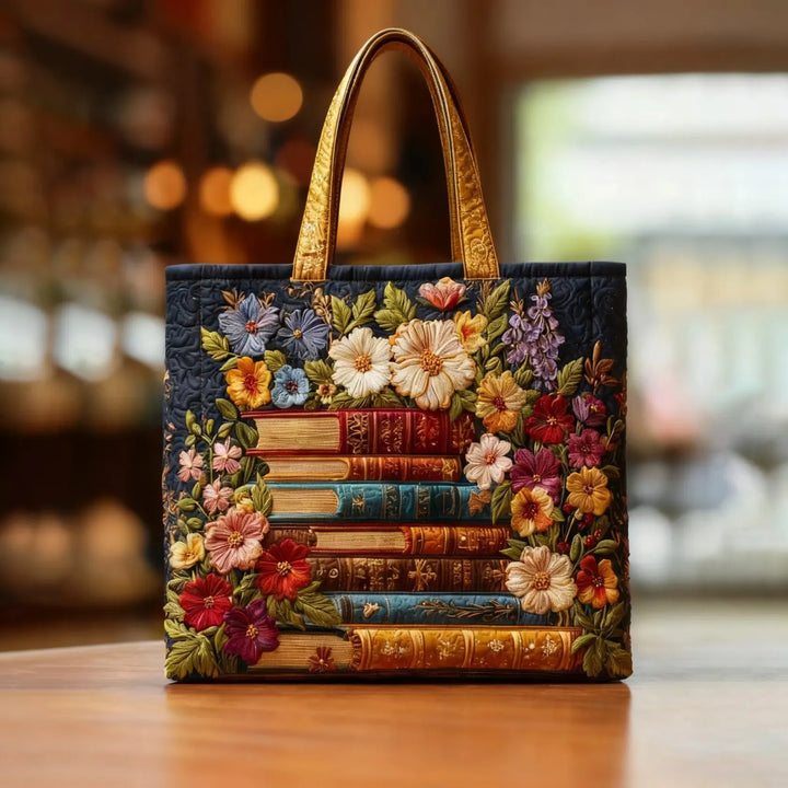 Vintém d'Ouro - Saco Tote Acolchoado com Flores e Livros