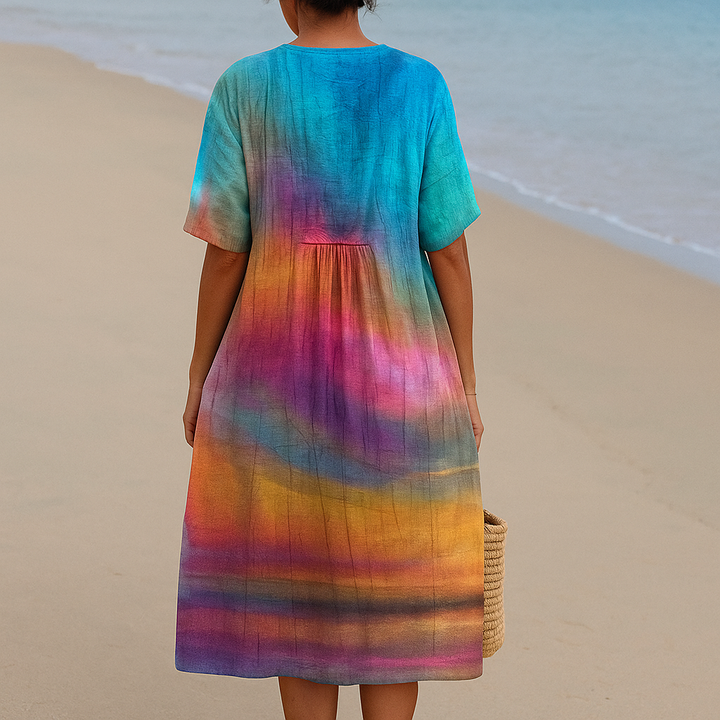 Vintém d'Ouro - Vestido Tie-Dye ao Pôr do Sol