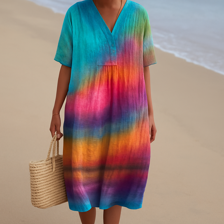 Vintém d'Ouro - Vestido Tie-Dye ao Pôr do Sol