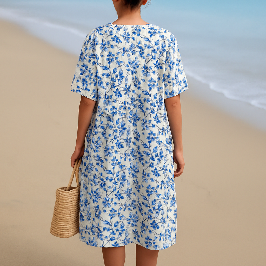 Vintém d'Ouro - Vestido de Marfim com Acentos Florais em Azul Porcelana