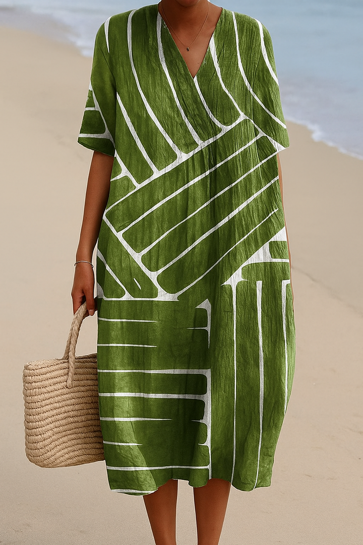 Vintém d'Ouro - Vestido Verde com Padrão Geométrico