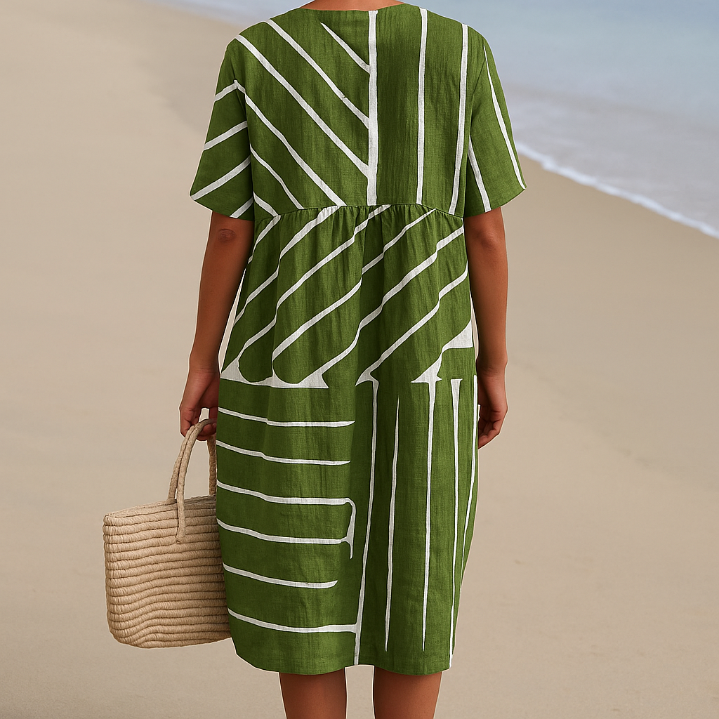 Vintém d'Ouro - Vestido Verde com Padrão Geométrico