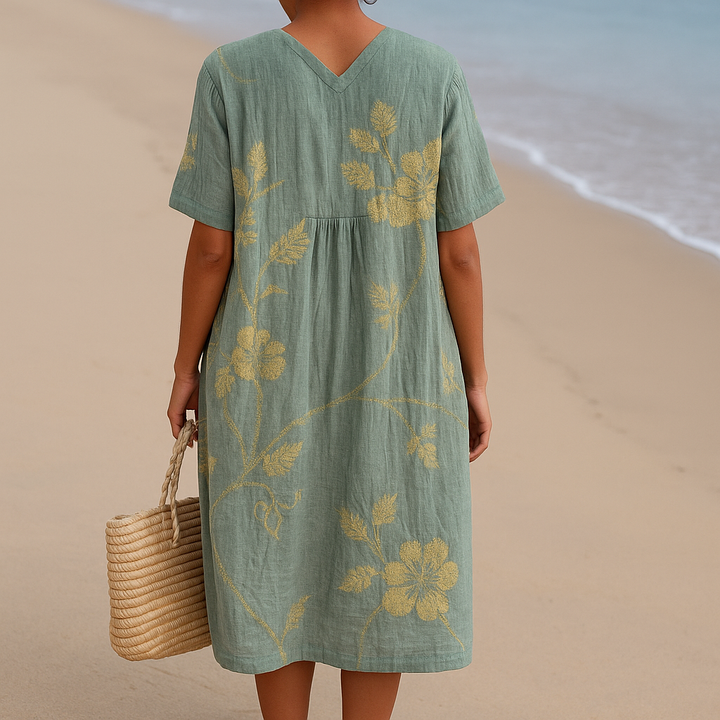 Vintém d'Ouro - Vestido Azul-Cinza com Bordado Floral