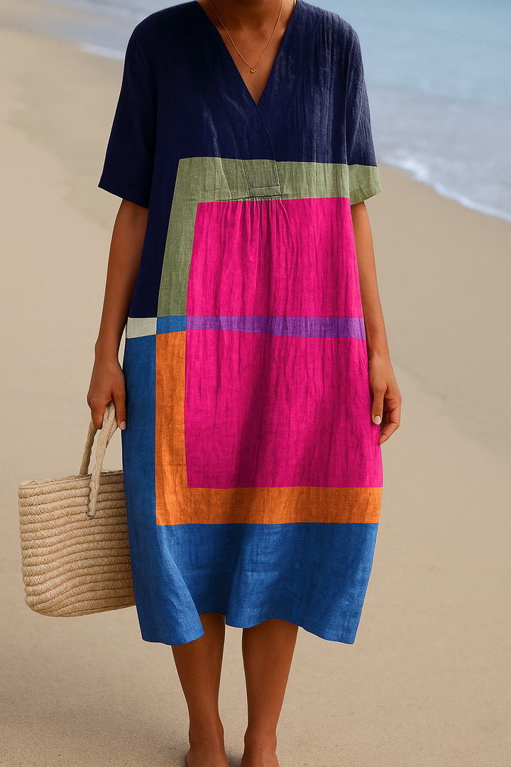 Vintém d'Ouro - Vestido de Blocos Coloridos Vibrantes