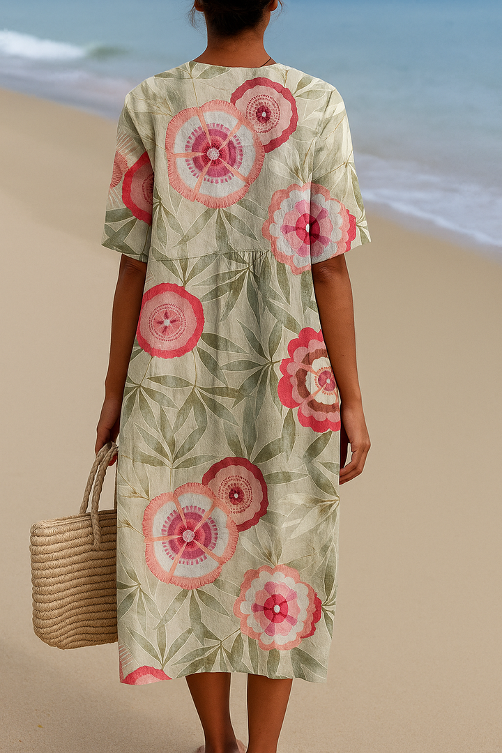 Vintém d'Ouro - Vestido Floral com Folhas e Mandala