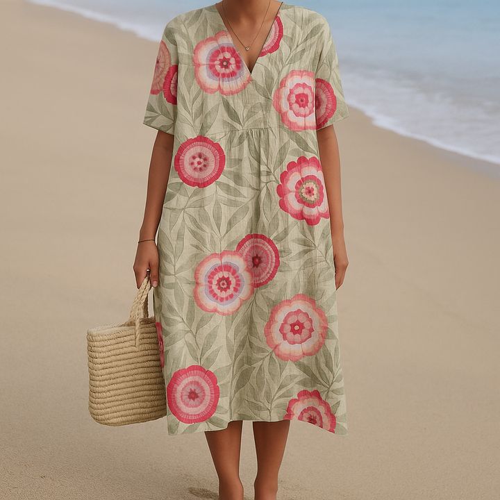 Vintém d'Ouro - Vestido Floral com Folhas e Mandala