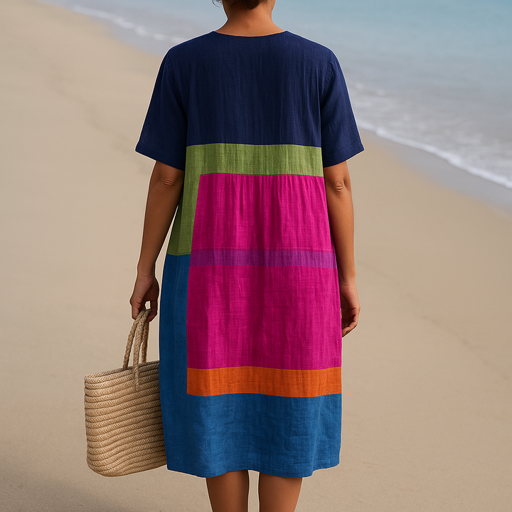 Vintém d'Ouro - Vestido de Blocos Coloridos Vibrantes