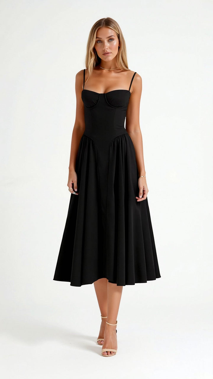 Vintém d'Ouro - Vestido midi com corpete estruturado