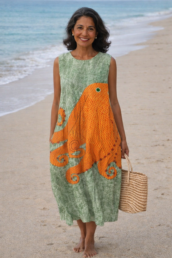 Vintém d'Ouro - Vestido Midi Sem Mangas Estilo Oceânico