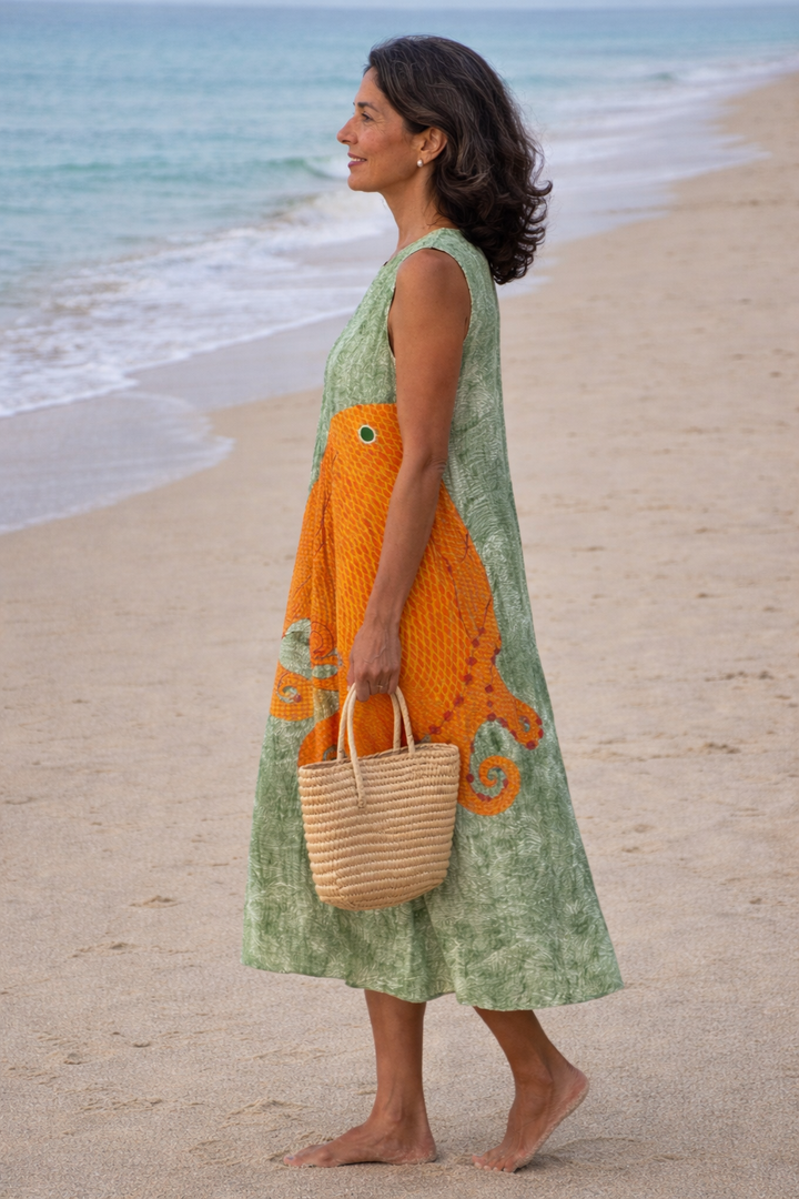 Vintém d'Ouro - Vestido Midi Sem Mangas Estilo Oceânico