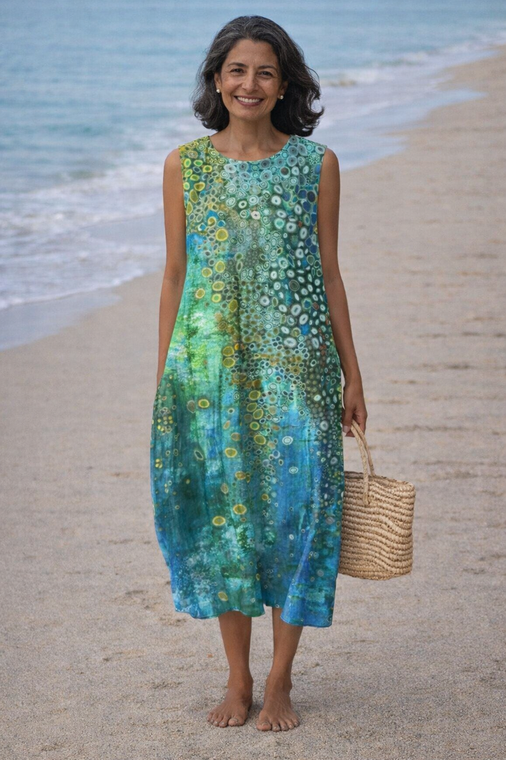 Vintém d'Ouro - Vestido Midi Estampado Oceânico