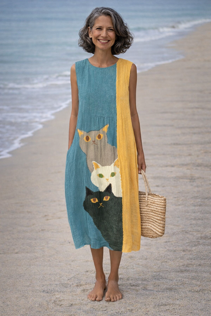 Vintém d'Ouro - Vestido Midi Artístico com Gatos