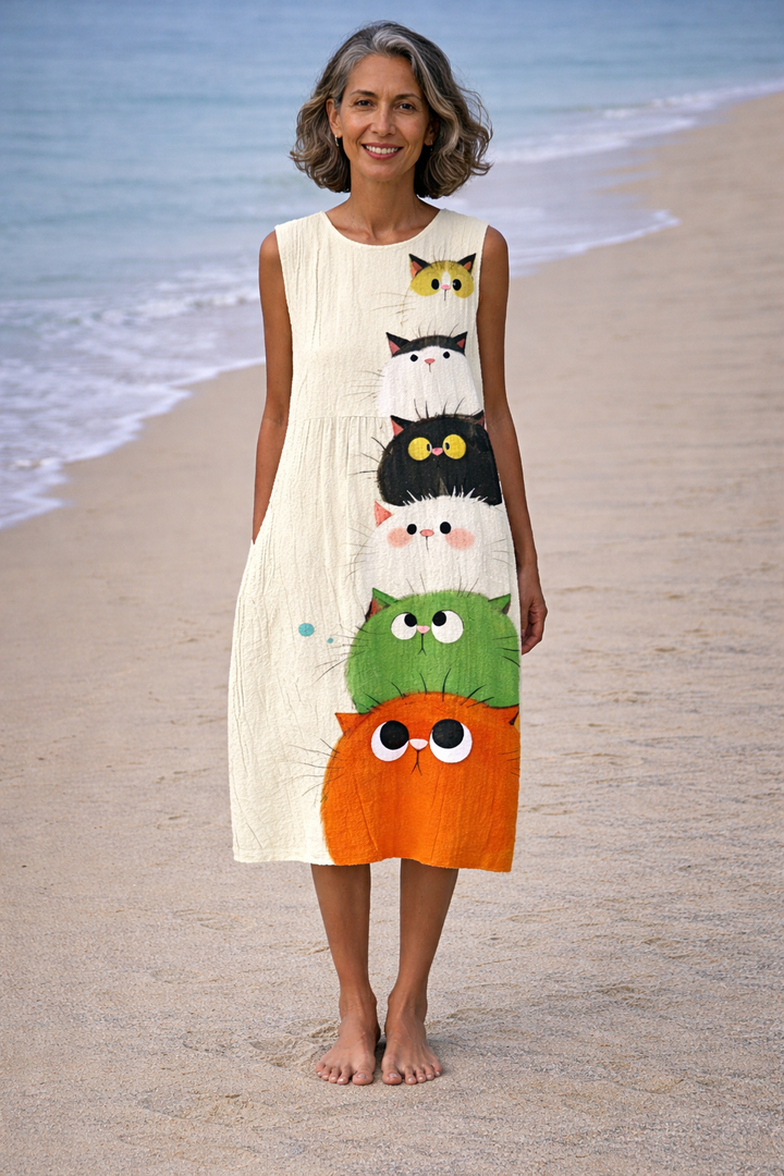 Vintém d'Ouro - Vestido Midi Confortável com Estampa de Gatos