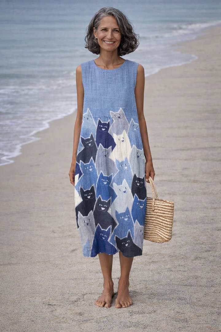 Vintém d'Ouro - Vestido Midi com Patchwork de Gatos