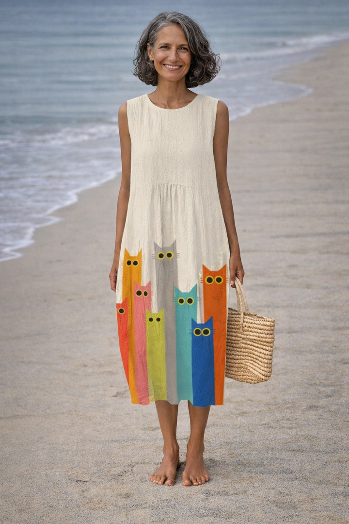 Vintém d'Ouro - Vestido Midi com Estampa de Gatos
