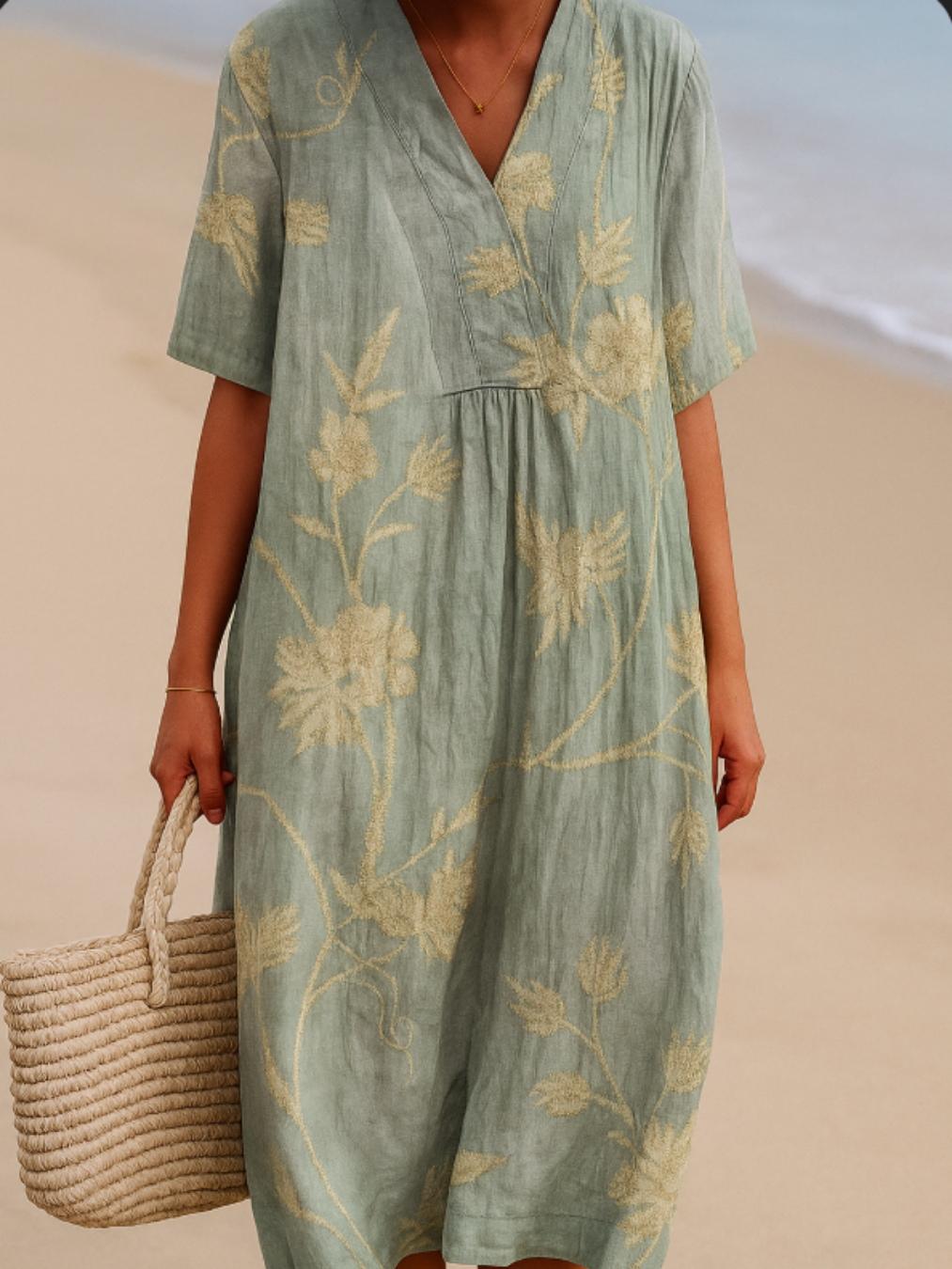 Vintém d'Ouro - Vestido Azul-Cinza com Bordado Floral