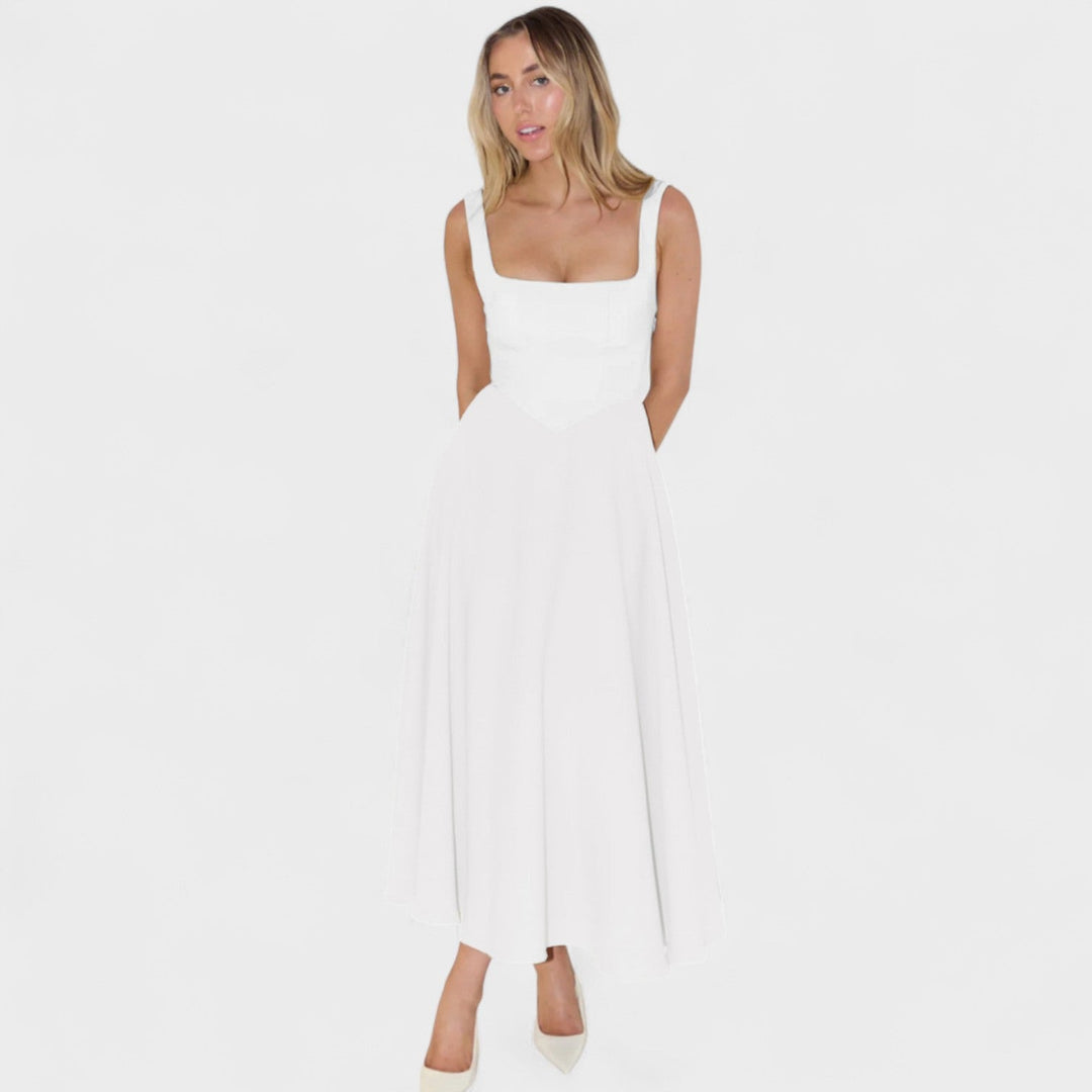 Vintém d'Ouro - Vestido Midi com Decote Quadrado