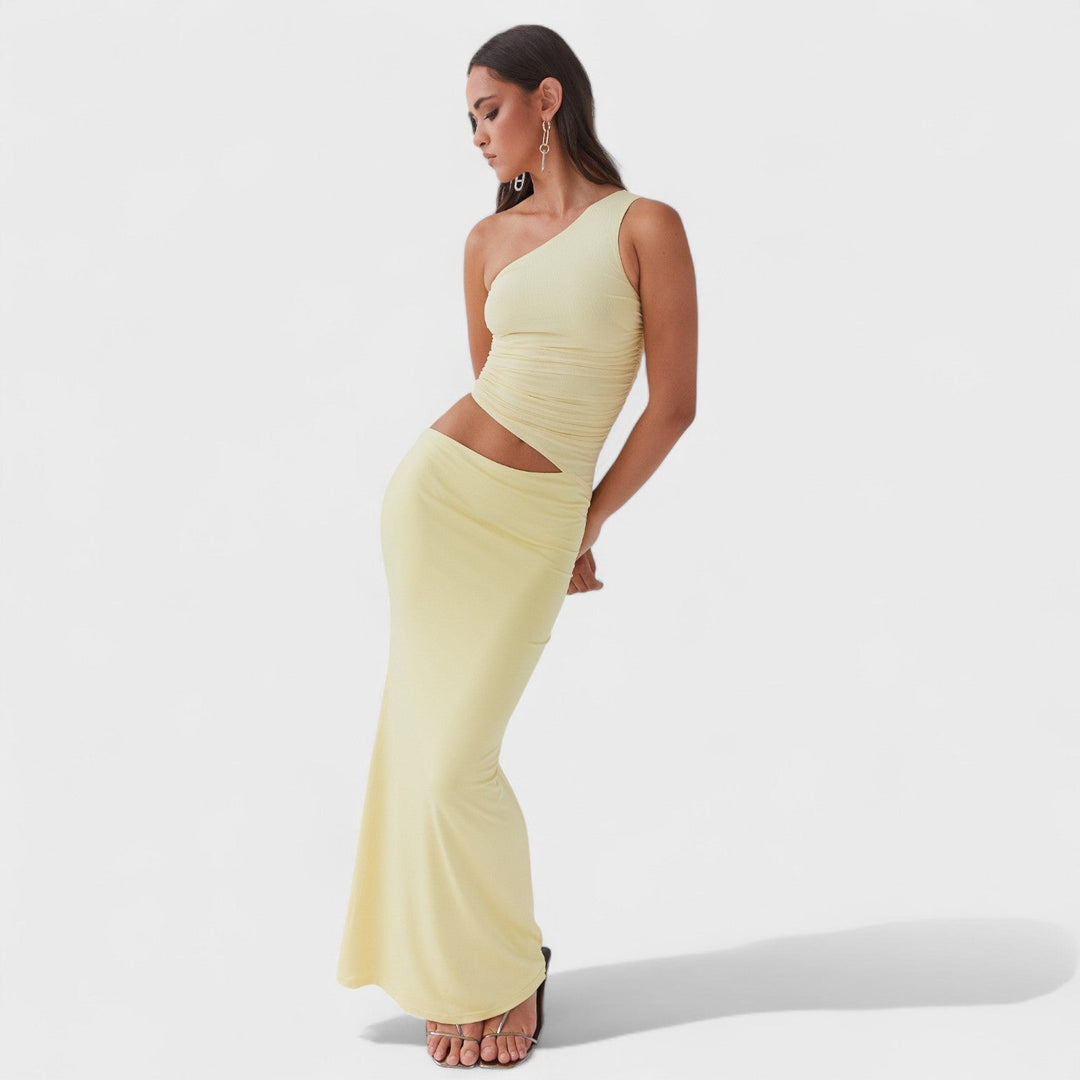 Vintém d'Ouro - Vestido maxi assimétrico
