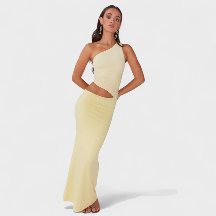 Vintém d'Ouro - Vestido maxi assimétrico