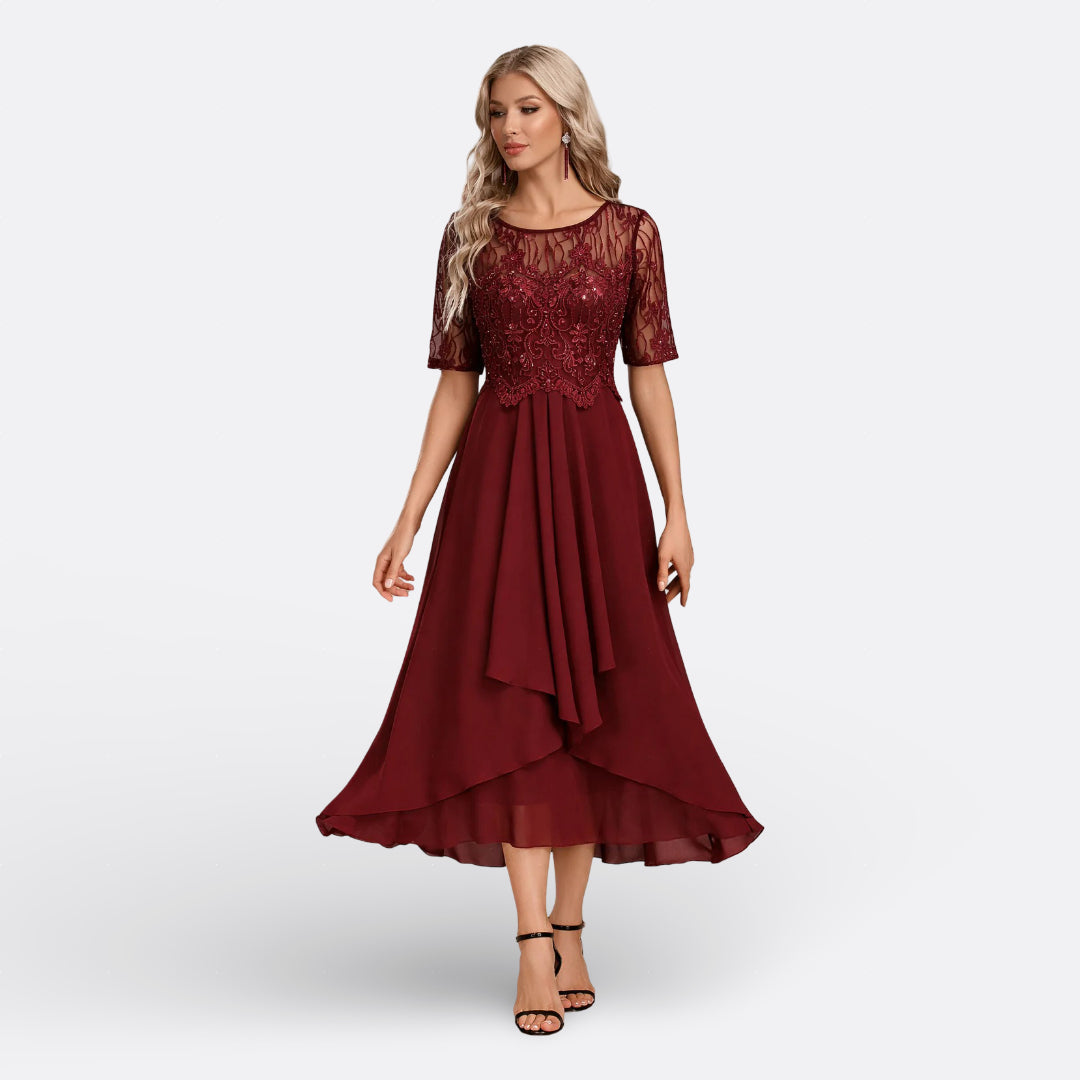 Vintém d'Ouro - Vestido Azul-Marinho com Renda e Manga Curta